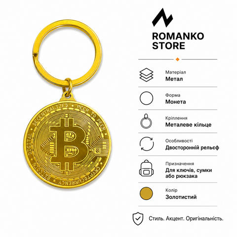 Брелок Bitcoin золотистий для ключів, сумки або рюкзака 177 фото